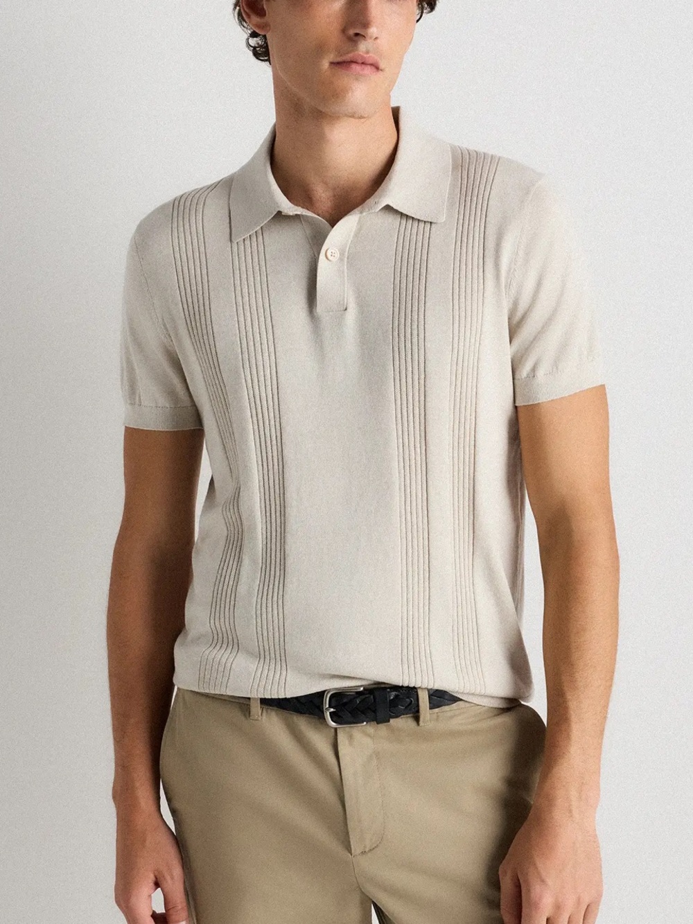 Quince cotton-silk ribbed short sleeve sweater polo speckled beige